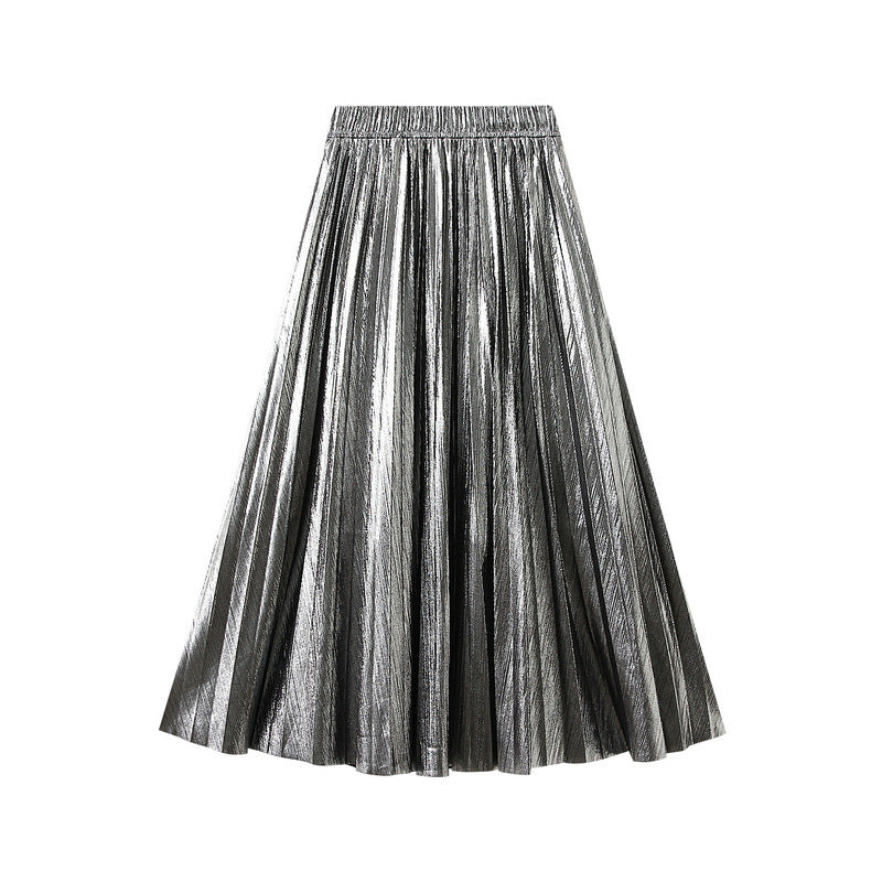 High Grade Metallic Bright Silk Organ Skirt Mid Length Skirt Spring Autumn Pleated Skirt