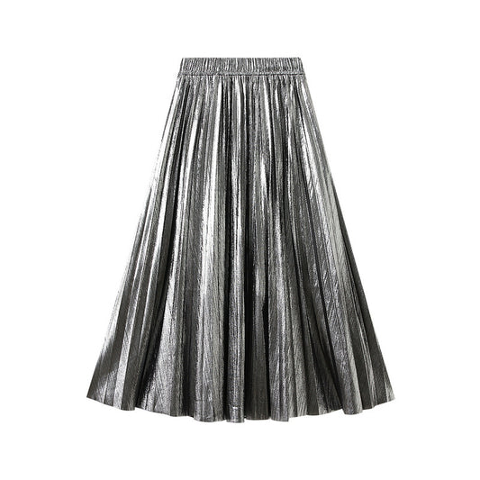 High Grade Metallic Bright Silk Organ Skirt Mid Length Skirt Spring Autumn Pleated Skirt