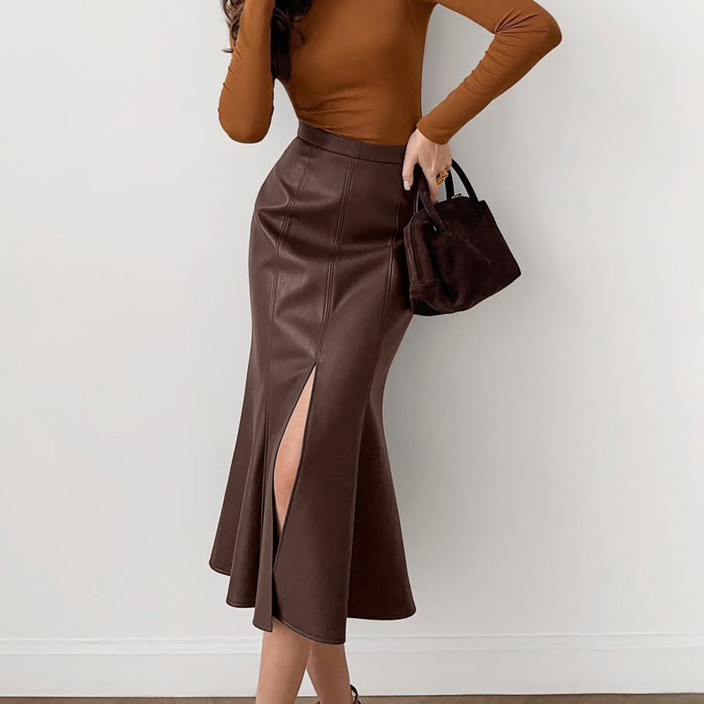 French Fishtail Leather Skirt Women Autumn Winter High Waist Slimming Slit Package Hip Skirt Mid Length Textured Women Clothing