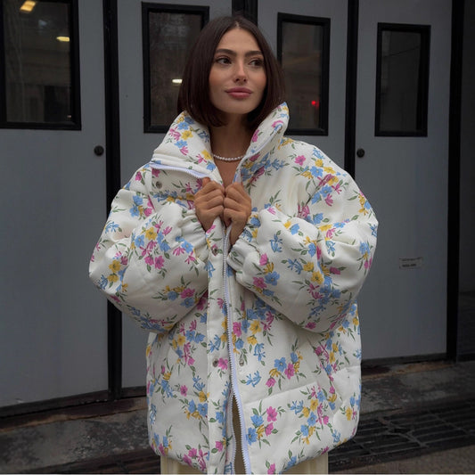 Printed Cotton Padded Jacket Coat Women Autumn Winter Stand Collar Zipper Cotton Padded Jacket Thermal Cotton Padded Coat Women