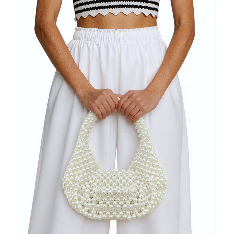 Fashionable Elegant High Grade Handmade Beaded Imitation Pearl Pillow Dumpling Woven Bag French Entry Lux Handbag