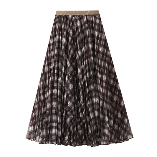 Fall Brown Plaid Skirt Women High Grade A line Large Hem High Waist Slimming Mid Length Skirt