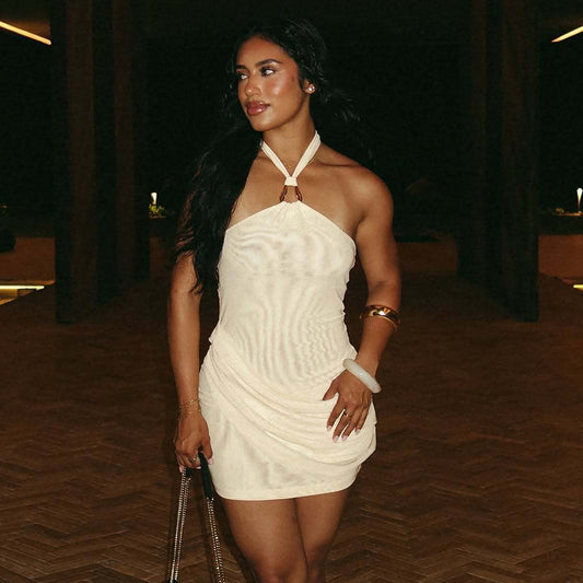 Summer Sexy Stitching Gauzy Package Hip Short Solid Color Street Halter Dress Women
