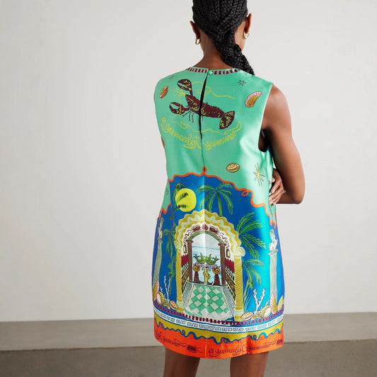 Summer round Neck Positioning Printed Graffiti Satin Dress