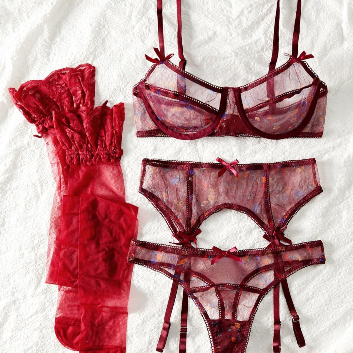 Ladies Lace Mesh See through Seduction Sexy Underwear Flirting Garter Five Piece Set