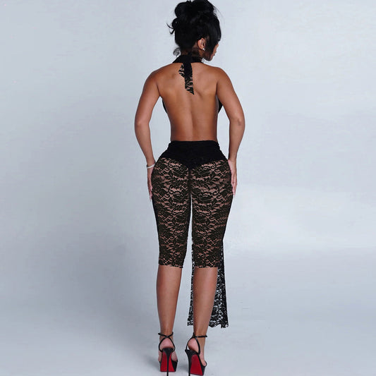 Autumn Winter Women Sexy Lace Halter Backless Ribbon High Waist Jumpsuit