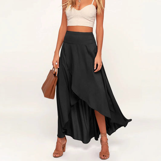 Women Clothing Summer All Match Irregular Asymmetric Ruffled High Waist Skirt