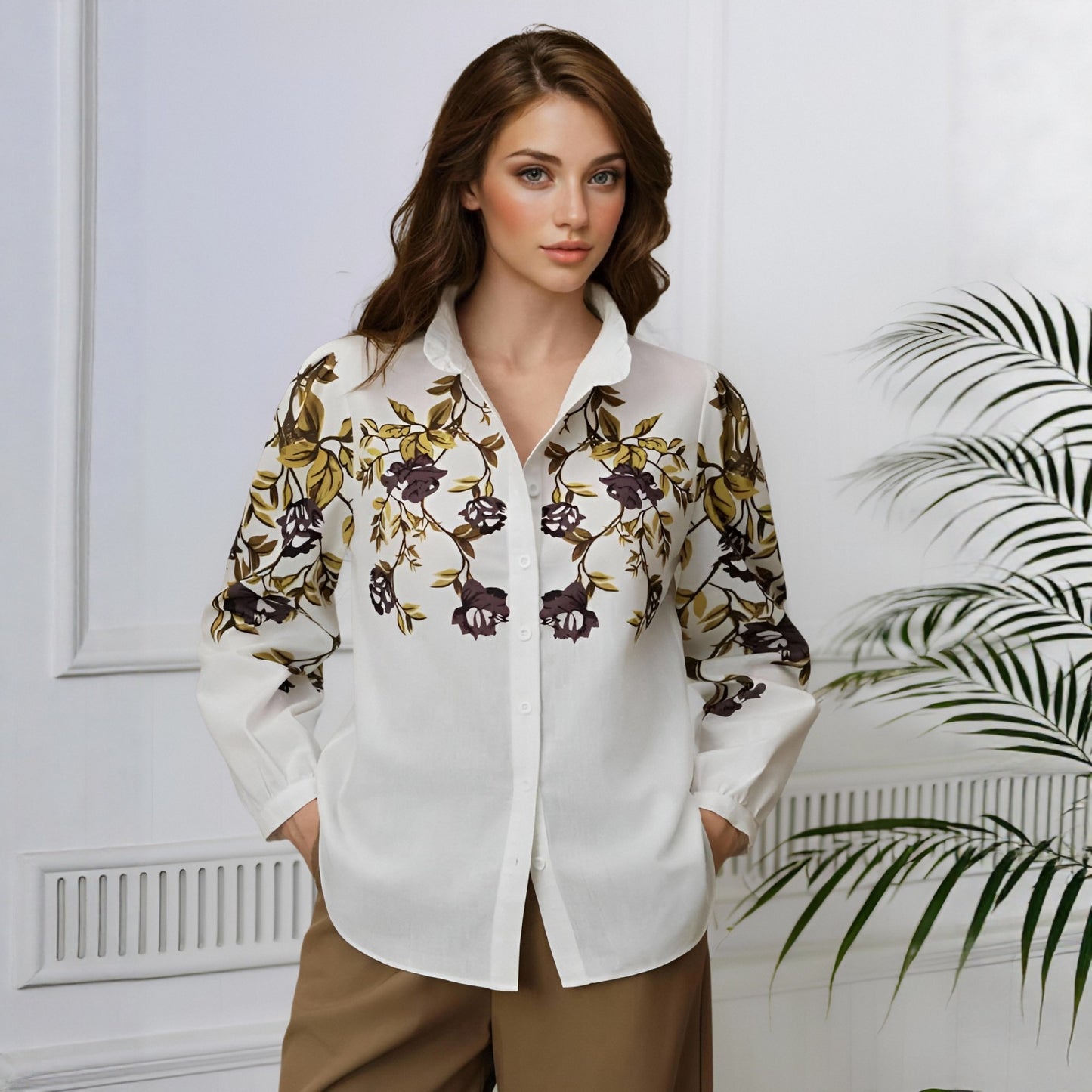 Women Clothing Office Printed Long Sleeved Shirt - Wanita Store