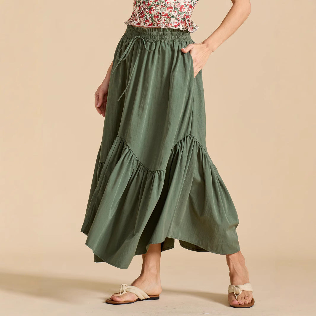 Women Wave Lace up Adjustable Skirt High Waist Elastic Large Swing Skirt Retro Long Skirt