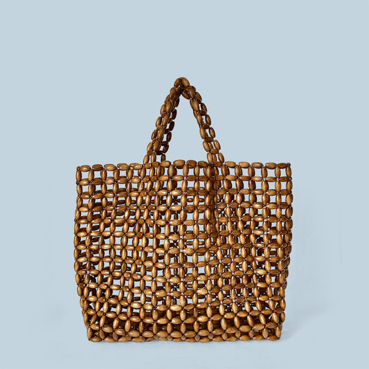 Special Interest Design Handbag with Wooden Beads Decoration Hand Woven Bag Underarm Bag Shoulder Bag Hollow Out Cutout Bag Vacation Beach Bag