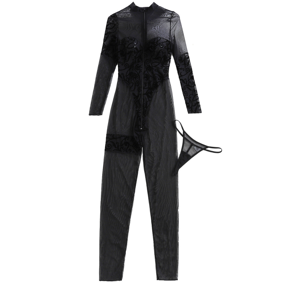 Pattern Embroidery Tight Zipper See through Jumpsuit Body Shaping round Neck Long Sleeve Set