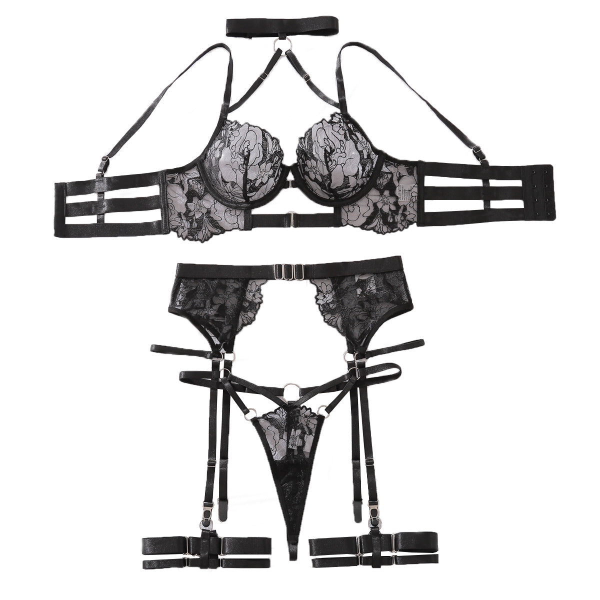 French Sexy Halter Embroidery Mesh See through Joint Sexy Lingerie Underwear Garter Sets
