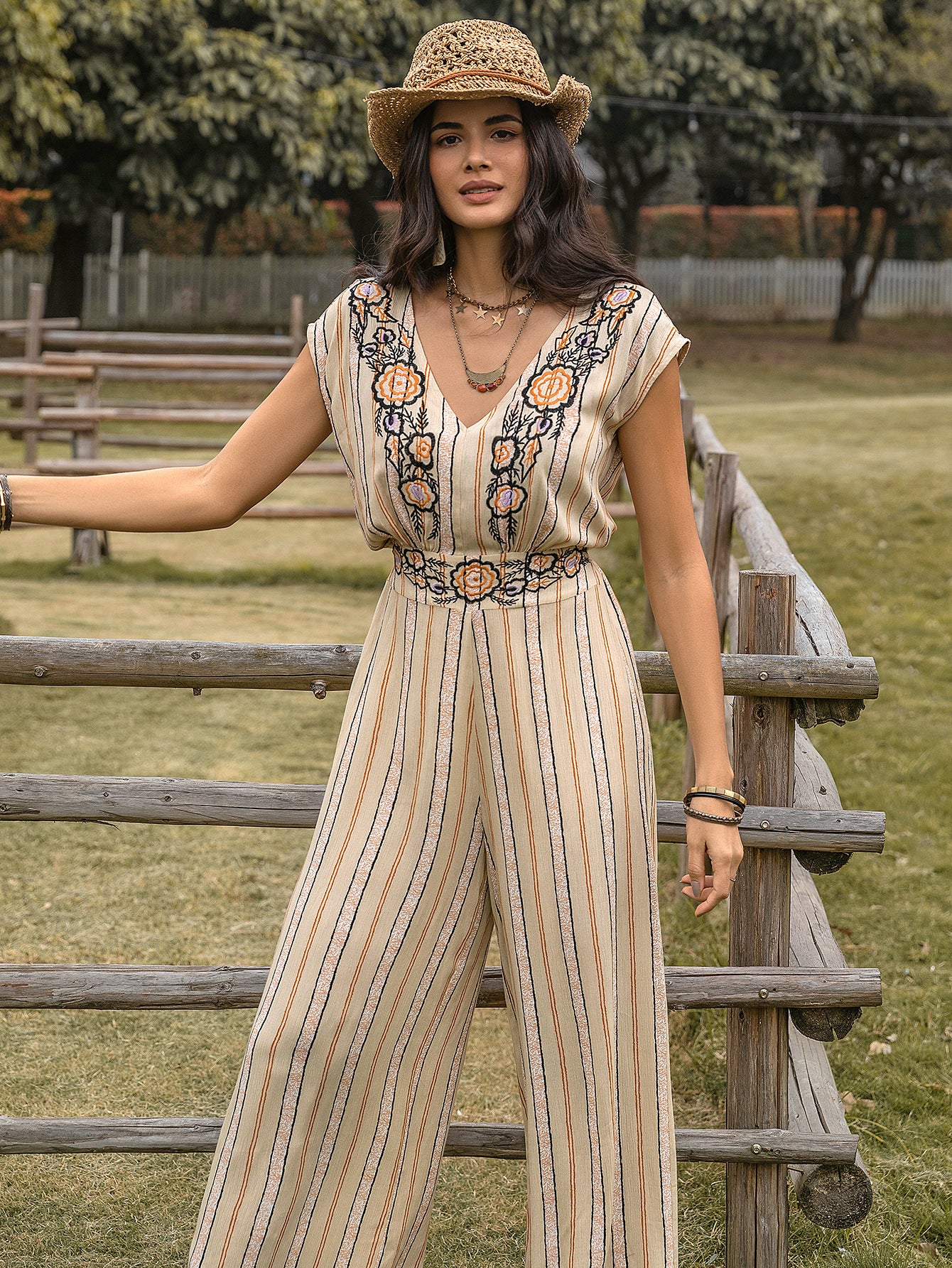 Vertical Stripes Printed V Neck Waist Slimming High Elegant Retro Casual Women Jumpsuit