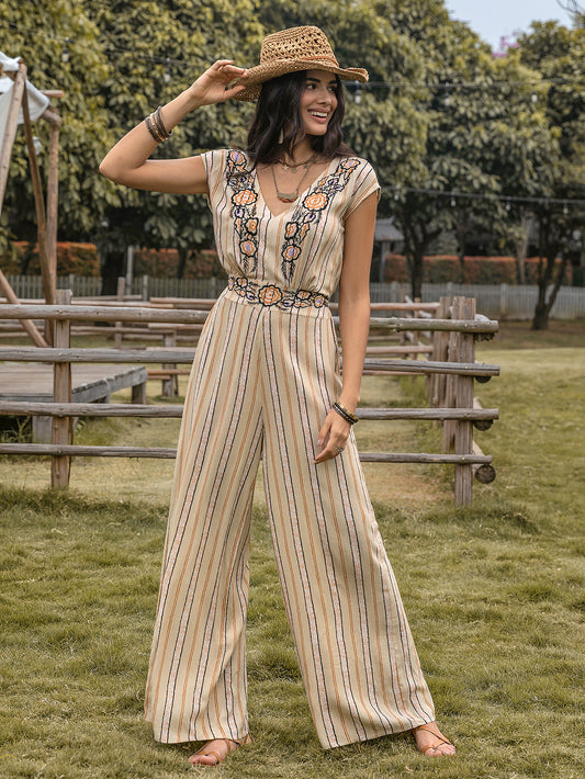 Vertical Stripes Printed V Neck Waist Slimming High Elegant Retro Casual Women Jumpsuit