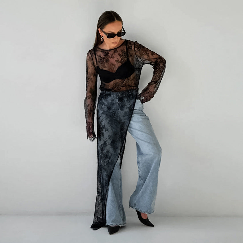 Sexy Black See through Dress Brocade Lace round Neck Long Sleeve Split Asymmetric Dress Summer All Matching Maxi Dress