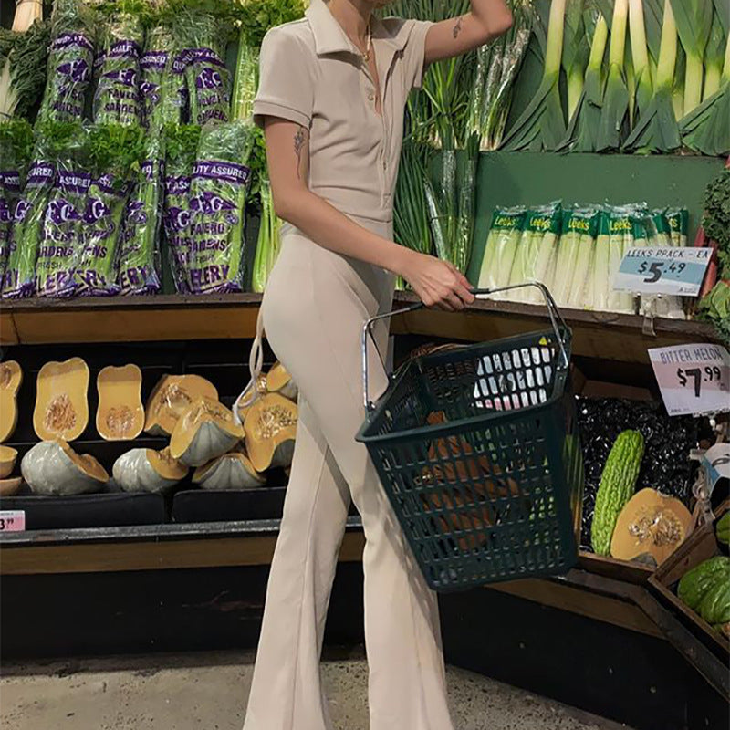Autumn Winter Women Clothing Casual Tight Backless Collared Button Jumpsuit Women Bootcut Pants