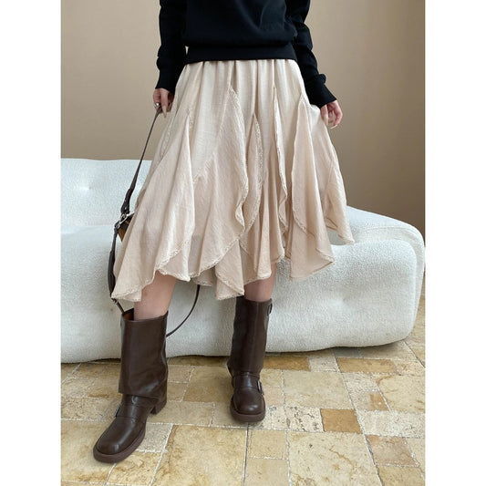 Swaying Melody Acetate Tencel Blended Elastic Waist Irregular Asymmetric Lace Stitching Skirt