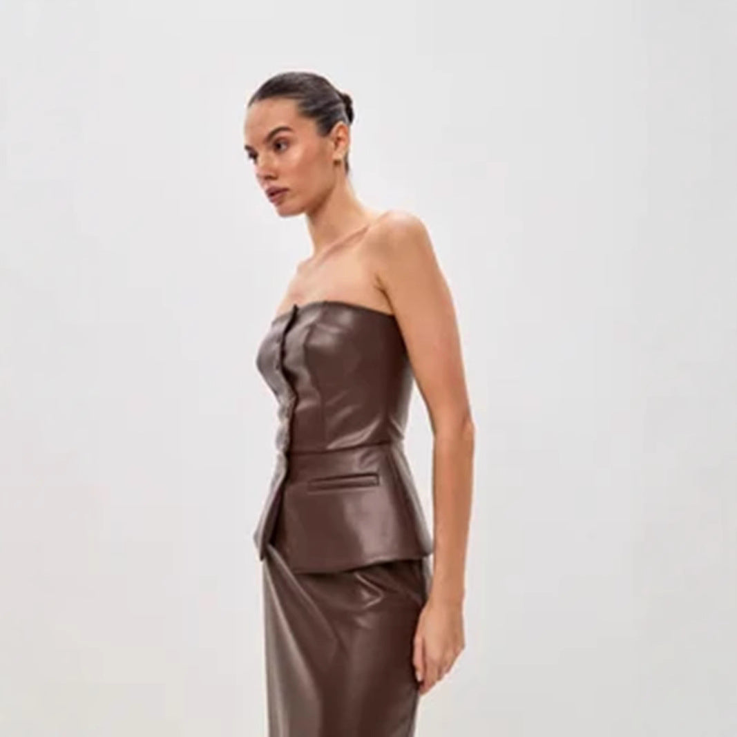 Faux Leather Women French Design Single Breasted Sexy Tube Top Leather Top Tube Top Short Vest