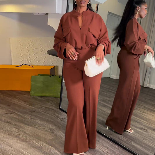 Women Clothes Spring Casual V Neck Long Sleeve Top Wide Leg Trousers Suit