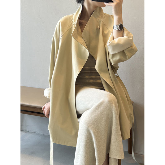 Retro Elegant Mid Length Trench Coat Women Spring Loose Waist Stand Collar Top