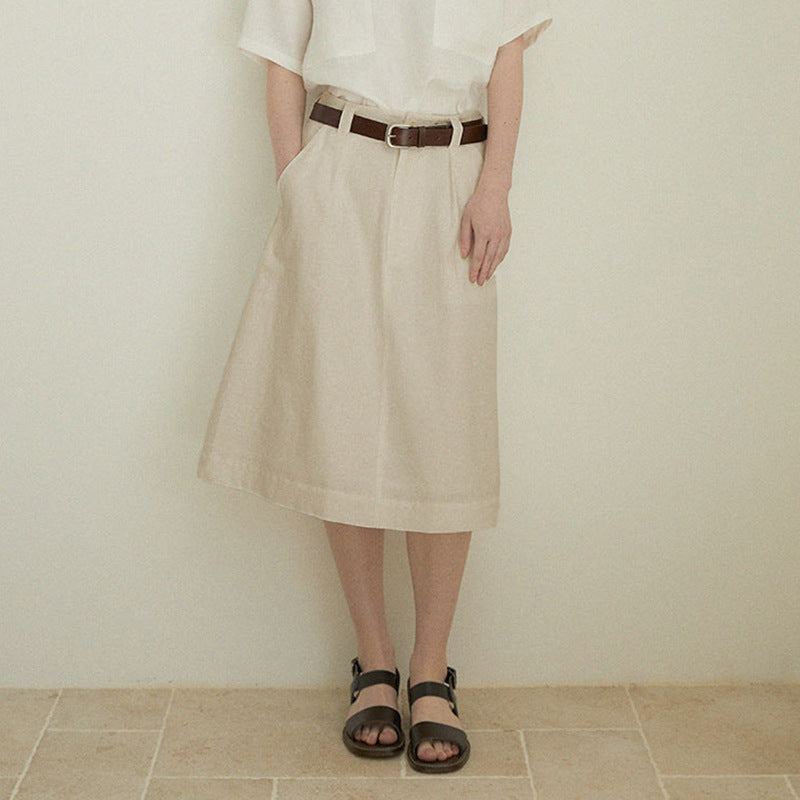 Pure Linen A line Skirt Women Summer High Waist Skirt Old Money Slimming Loose Straight Dress over the Knee Office Mid Skirt (no belt)