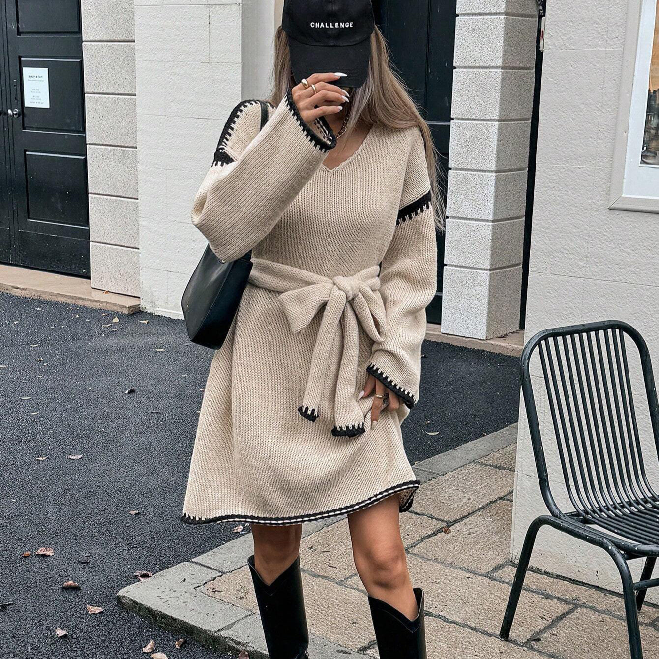 Idle Tie Waist Trimming Loose Knitted V neck Long Sleeve Fall Mid Length Dress Women