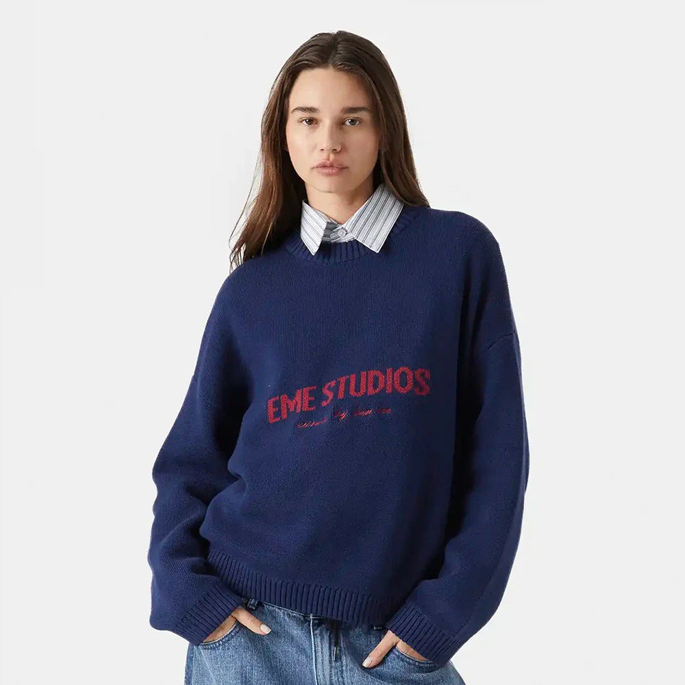 Letters Brocade Sweater Women Autumn Winter Knitting Pullover Loose Lazy Embroidered Sweater Women