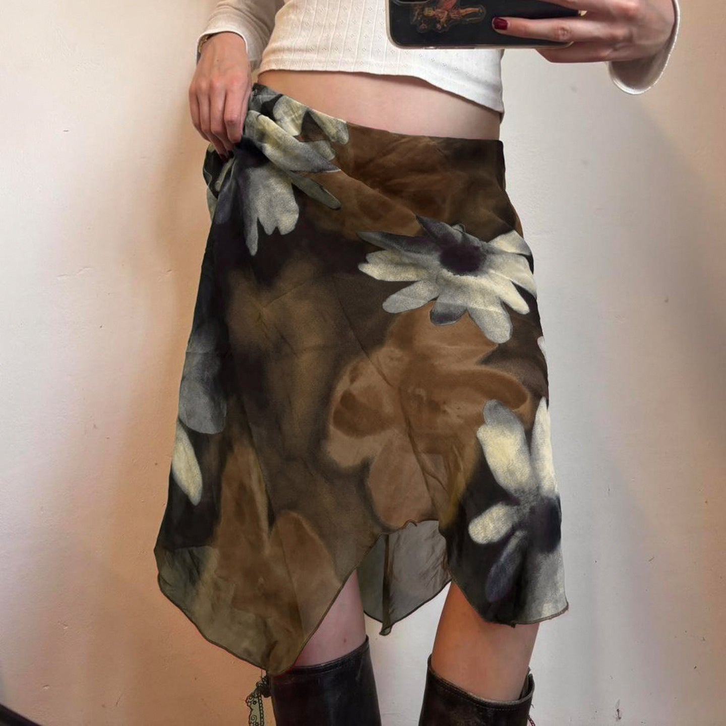 Retro Floral Printed Mesh Stitching Asymmetric Skirt Vacation Slim Slimming Low Waist Skirt Autumn