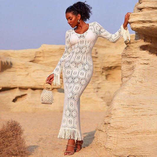 Spring Autumn Sexy Dress Hollow Out Cutout Slim Fitting Patchwork Tassel High Grade Dress