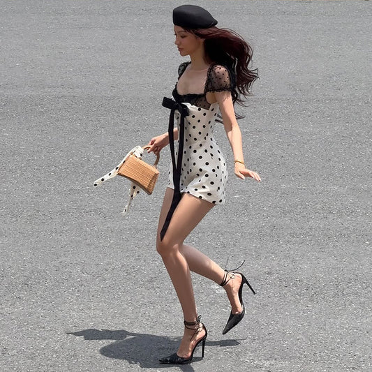 Summer Women Bow Polka Dot Short Sexy Lace Stitching Tight Waist Hip Dress