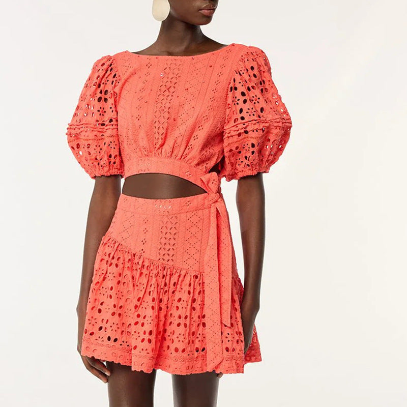 Women Elegant Short round Neck Puff Sleeve Waist Baring Dress