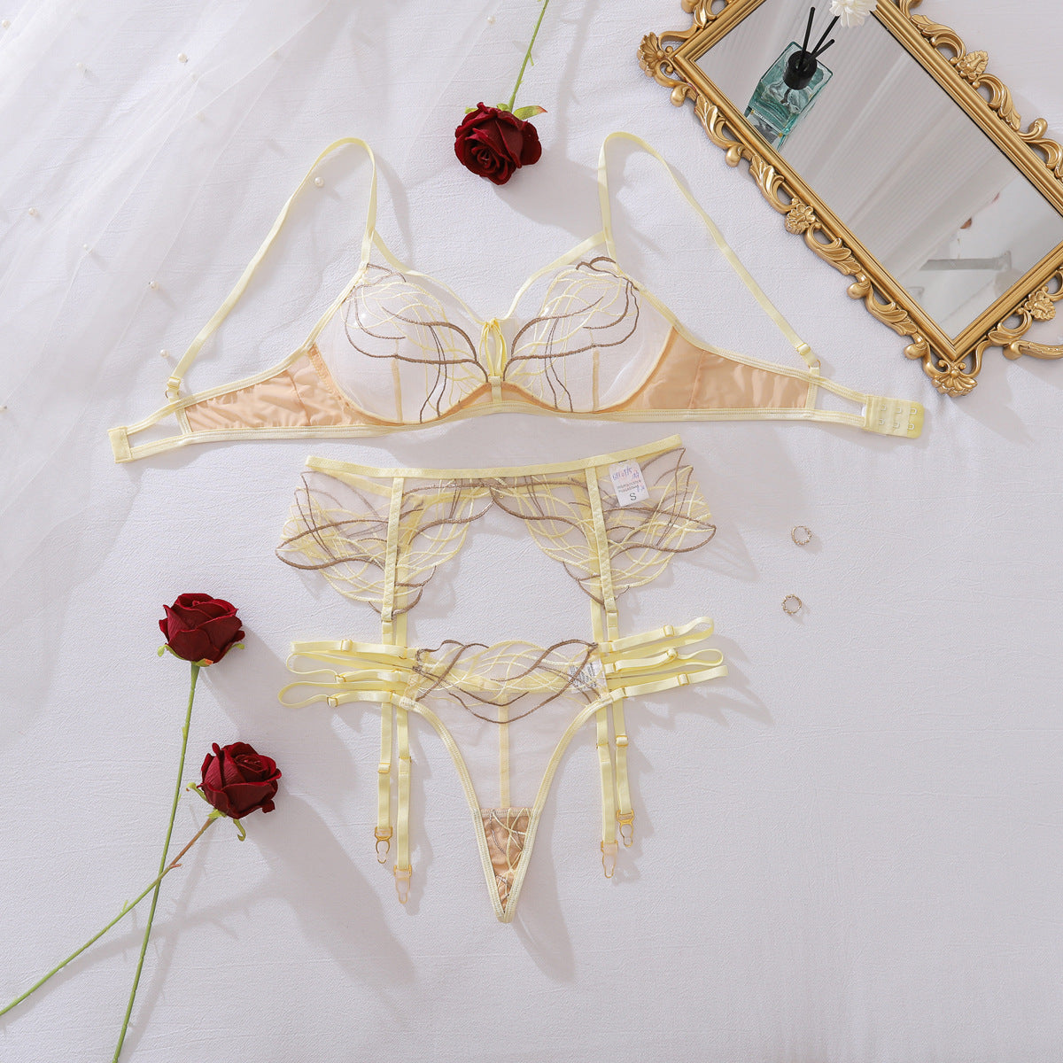 See through Contrasting Color Thread Embroidered Steel Ring Push up Body Shaping Sexy Adjustment Underwear Split Three Piece Set