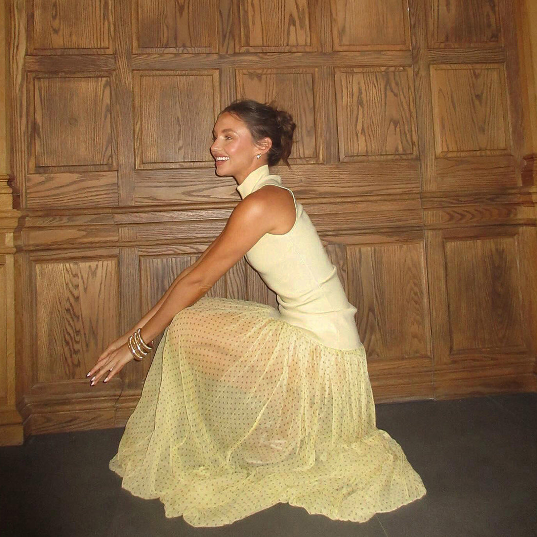 Summer Women Clothing High Collar Slim-Fitting Patchwork Maxi Dress Polka Dot Dress