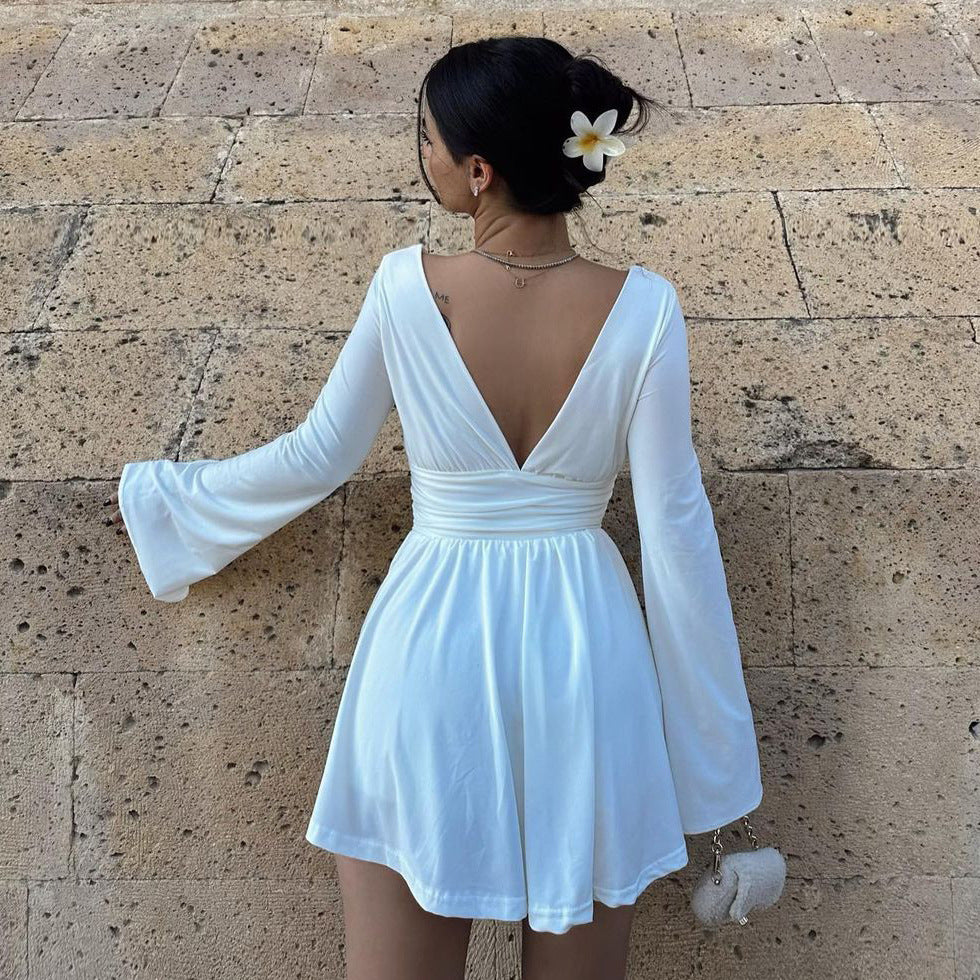 Women Clothing Autumn Sexy Backless Waist Trimming French V neck Long Sleeve Dress Sexy Sheath