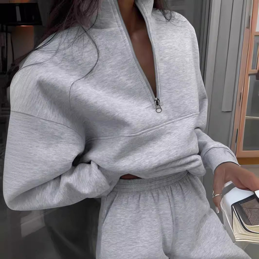 Autumn Winter Zipper Collared Solid Color Casual Two Piece Set