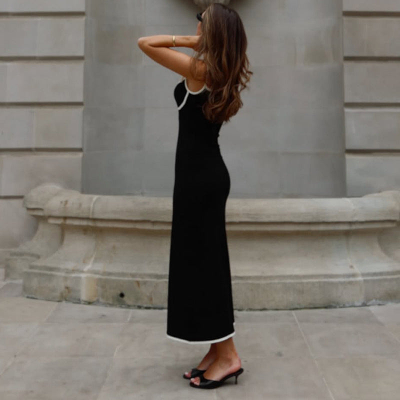 Sexy Sleeveless Sling Slim Fit All Matching Sheath Long Black White Contrasting Color Dress