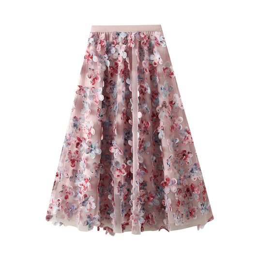 Exquisite Floral Three-Dimensional Petals Mesh Fairy Gauze Skirt Autumn Cover Long Umbrella Skirt