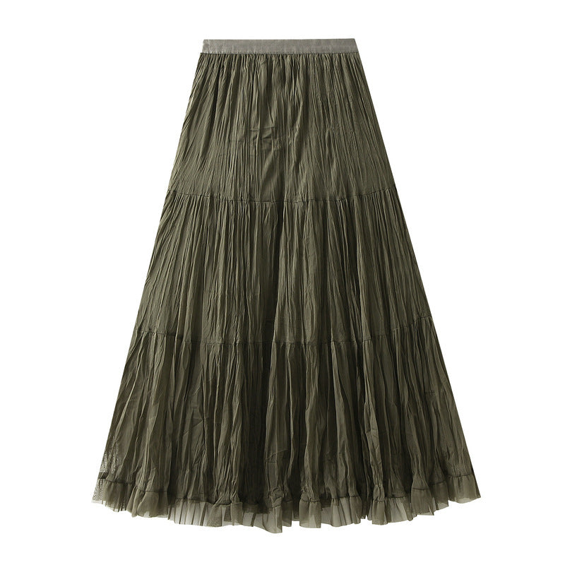 French Mid Length Pleated Mesh Skirt Autumn A line High Waist Fairy Large Swing Skirt for Women