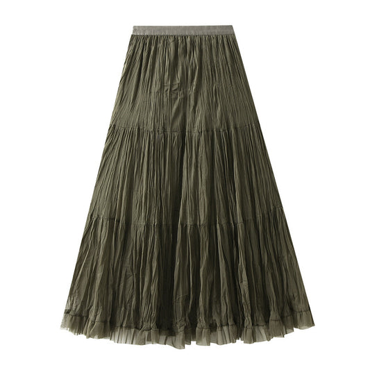 French Mid Length Pleated Mesh Skirt Autumn A line High Waist Fairy Large Swing Skirt for Women