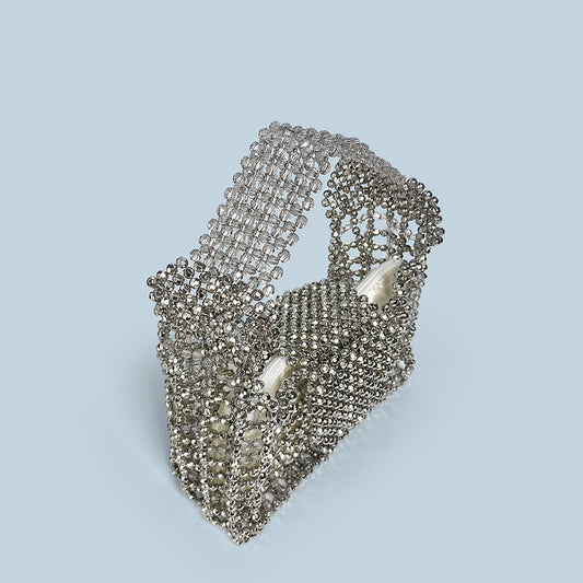Retro Hollow Out Cutout Metal Silver Hand Woven Beads Small Square Bag Change Mobile Phone Bag Small Handbag