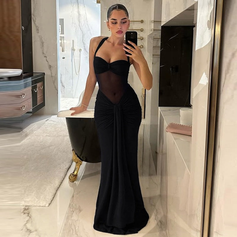 Women Clothing Summer Sexy Tube Top off Neck Mesh Stitching Halter Tied Dress