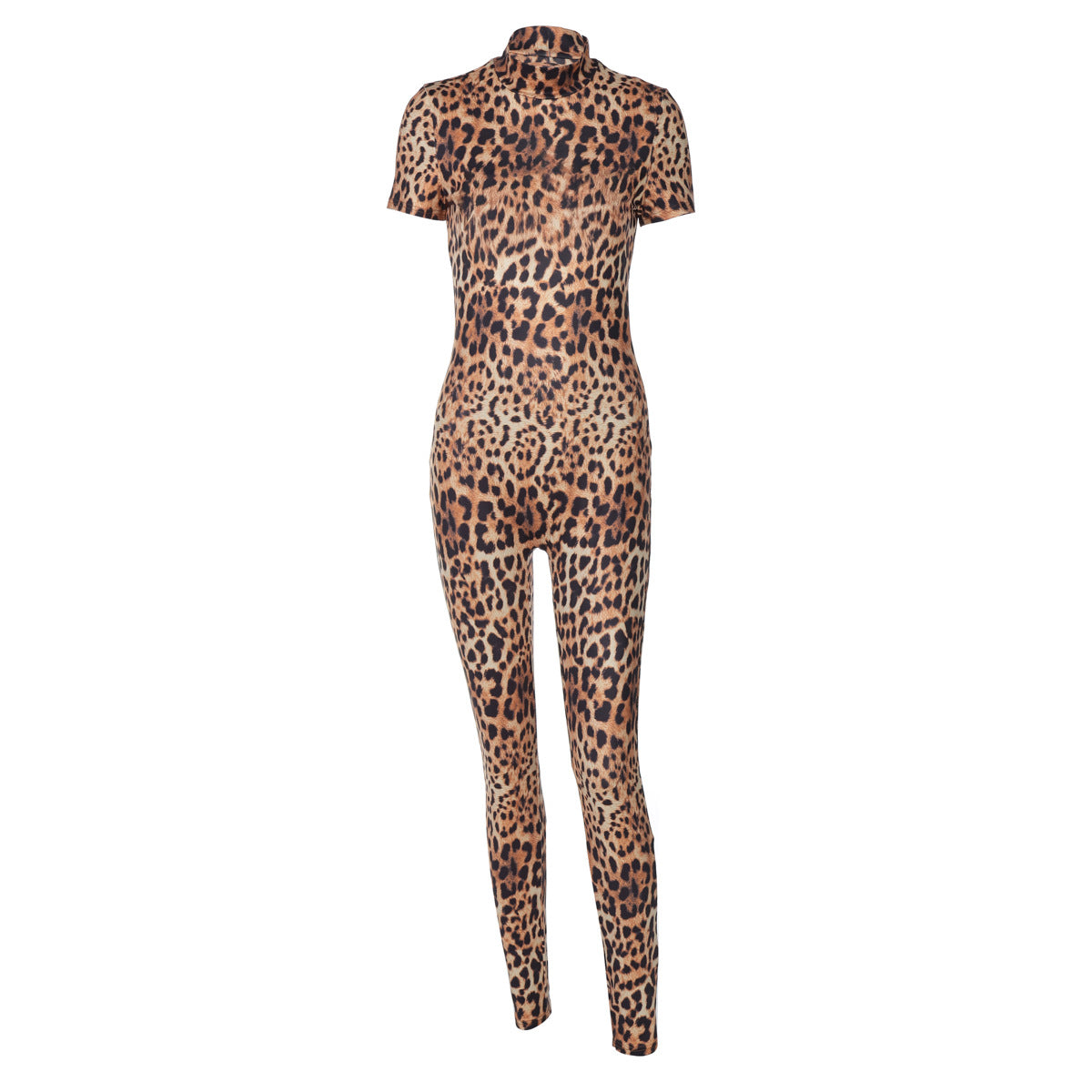 Women Clothing Summer Leopard Print Short Sleeve Backless Slim Fit Jumpsuit Women