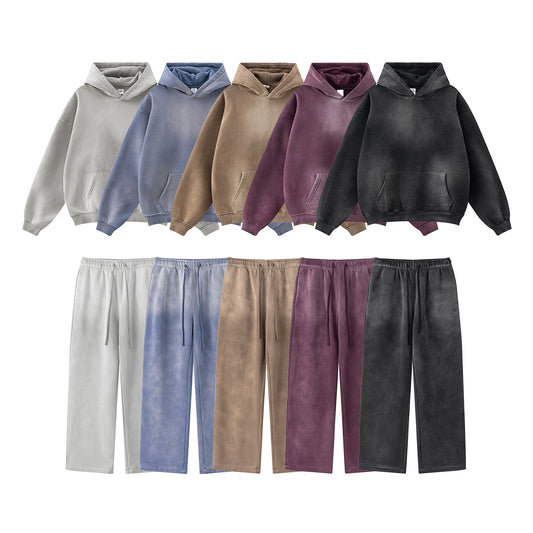 Autumn High Street Retro Distressed Spray Dye Fleece-Lined Suit Loose-Fitting Hoodie Sweatshirt Sweatpants Tide