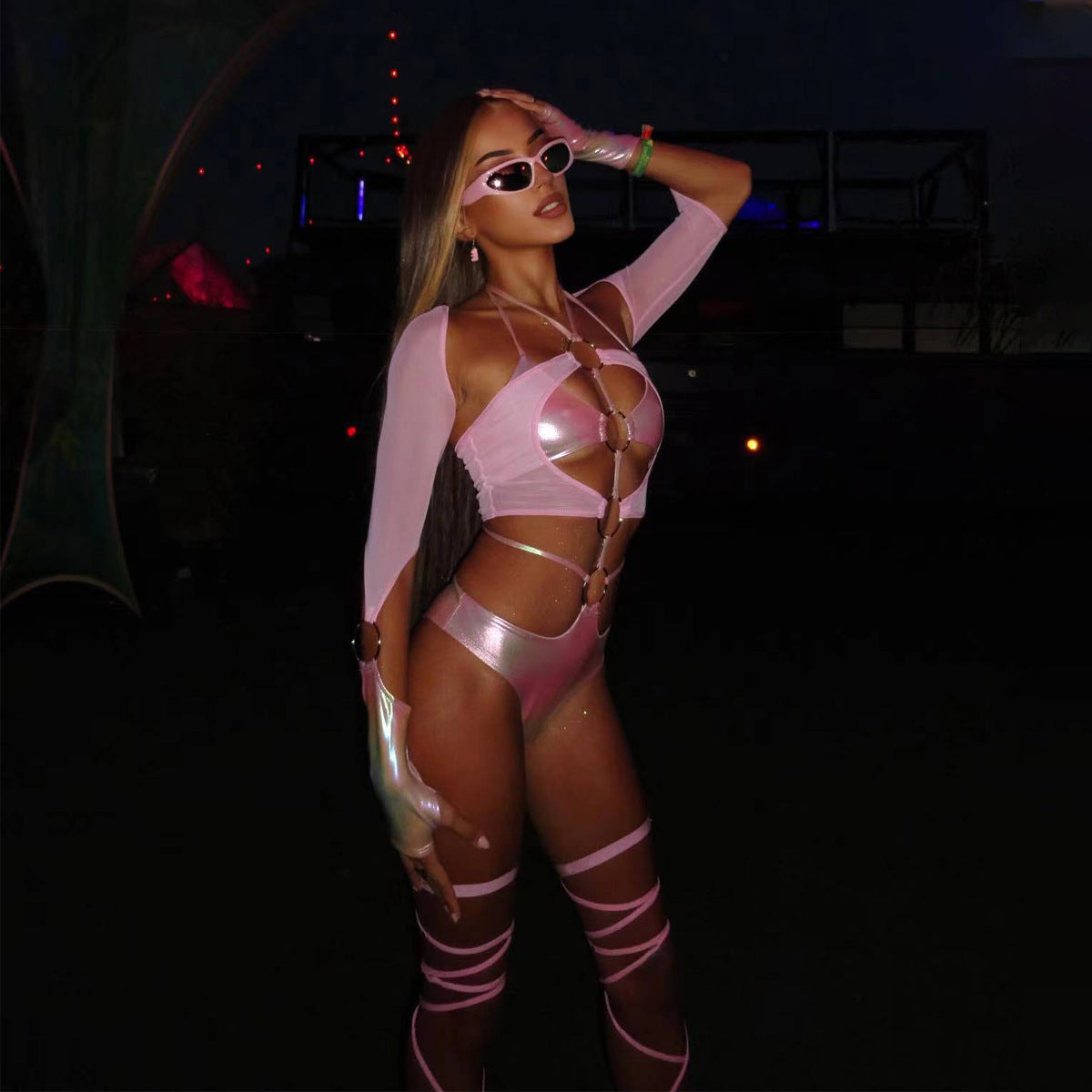Sexy Slim Fit Suit Sexy Mesh Stitching Leather Jumpsuit