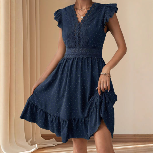 Popular Lace Stitching Pleated V neck Flying Sleeve Elegant Dress