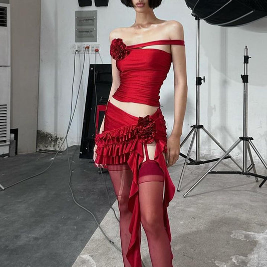 Spring Women Clothing Sexy Sweet Spicy Elegant Slim Floral Top Hip Skirt Set