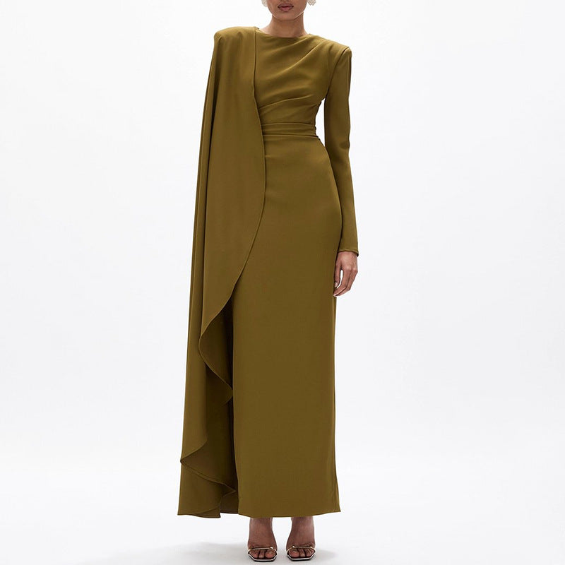 Dress Women Solid Color round Neck Irregular Asymmetric Shawl Back Slit Slim Slimming Dress