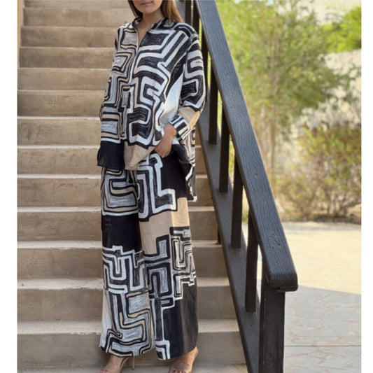 Women Clothing Cotton Linen Multi Color Printed Long Sleeve Casual Straight Pants Two Piece Set