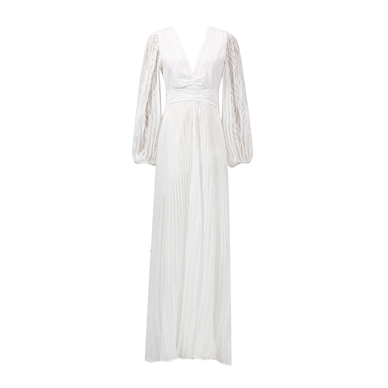 Robe longue femme à manches lanternes et encolure plongeante, taille ajustée, design plissé amincissant