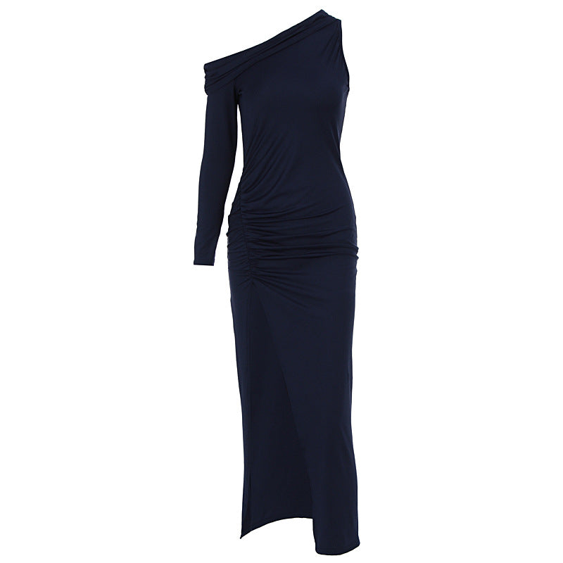 Women Clothes Summer Oblique Shoulder Long Sleeve Slim Fit Slit Dress